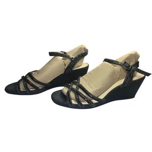 Alex Marie Womens Black Glitter Rhinestone Strappy Wedge Sandals Size 11M